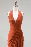 Burnt Orange Mermaid Halter Ruched Maxi Formal Dress with Slit