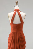 Burnt Orange Mermaid Halter Ruched Maxi Formal Dress with Slit
