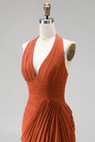 Burnt Orange Mermaid Halter Ruched Maxi Formal Dress with Slit