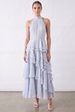 Light Blue Ruffled Halter Ruched Long Wedding Guest Dress