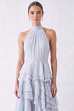 Light Blue Ruffled Halter Ruched Long Wedding Guest Dress