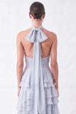 Light Blue Ruffled Halter Ruched Long Wedding Guest Dress