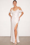 White Ruffled Mermaid Long Wedding Guest Dress with Slit