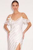 White Ruffled Mermaid Long Wedding Guest Dress with Slit