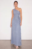 Dusty Blue A Line One Shoulder Ruched Long Wedding Guest Dress with 3D Flower