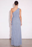 Dusty Blue A Line One Shoulder Ruched Long Wedding Guest Dress with 3D Flower