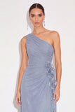 Dusty Blue A Line One Shoulder Ruched Long Wedding Guest Dress with 3D Flower