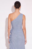 Dusty Blue A Line One Shoulder Ruched Long Wedding Guest Dress with 3D Flower