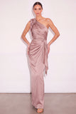 Light Brown Sheath One Shoulder Ruched Maxi Wedding Guest Dress with 3D Flower
