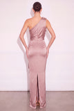 Light Brown Sheath One Shoulder Ruched Maxi Wedding Guest Dress with 3D Flower