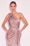 Light Brown Sheath One Shoulder Ruched Maxi Wedding Guest Dress with 3D Flower