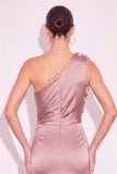 Light Brown Sheath One Shoulder Ruched Maxi Wedding Guest Dress with 3D Flower