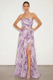 Floral Lavender Strapless Ruched Maxi Wedding Guest Dress with Slit