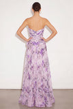 Floral Lavender Strapless Ruched Maxi Wedding Guest Dress with Slit