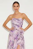 Floral Lavender Strapless Ruched Maxi Wedding Guest Dress with Slit