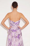 Floral Lavender Strapless Ruched Maxi Wedding Guest Dress with Slit