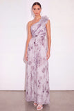 Floral Lavender A Line One Shoulder Long Wedding Guest Dress