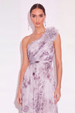 Floral Lavender A Line One Shoulder Long Wedding Guest Dress