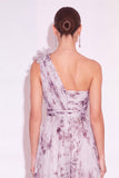 Floral Lavender A Line One Shoulder Long Wedding Guest Dress