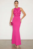 Mermaid Fuchsia Floral Round Neck Long Wedding Guest Dress