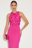 Mermaid Fuchsia Floral Round Neck Long Wedding Guest Dress