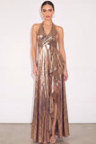 Sparkly Golden A Line Halter Ruched Maxi Formal Dress with Slit