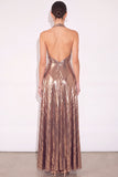 Sparkly Golden A Line Halter Ruched Maxi Formal Dress with Slit