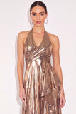 Sparkly Golden A Line Halter Ruched Maxi Formal Dress with Slit