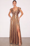 Golden A Line Sparkly Metallic V Neck Flutter Sleeves Maxi Formal Dress with Slit