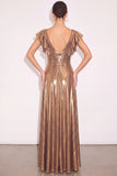 Golden A Line Sparkly Metallic V Neck Flutter Sleeves Maxi Formal Dress with Slit