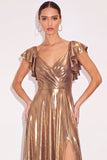 Golden A Line Sparkly Metallic V Neck Flutter Sleeves Maxi Formal Dress with Slit