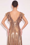 Golden A Line Sparkly Metallic V Neck Flutter Sleeves Maxi Formal Dress with Slit