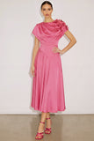 Fuchsia A Line Cowl Neck Long Wedding Guest Dress with 3D Flower