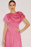 Fuchsia A Line Cowl Neck Long Wedding Guest Dress with 3D Flower
