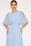 Light Blue A Line Round Neck Long Wedding Guest Dress
