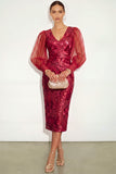 Dark Red Bodycon V Neck Puff Sleeves Midi Wedding Guest Dress