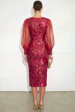 Dark Red Bodycon V Neck Puff Sleeves Midi Wedding Guest Dress
