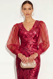 Dark Red Bodycon V Neck Puff Sleeves Midi Wedding Guest Dress