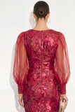 Dark Red Bodycon V Neck Puff Sleeves Midi Wedding Guest Dress