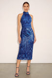 Sparkly Royal Blue Bodycon Halter Neck Midi Wedding Guest Dress