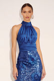 Sparkly Royal Blue Bodycon Halter Neck Midi Wedding Guest Dress
