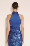 Sparkly Royal Blue Bodycon Halter Neck Midi Wedding Guest Dress