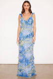 Light Blue Printed V Neck Ruffled Tiered Maxi Wedding Guest Dress