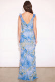 Light Blue Printed V Neck Ruffled Tiered Maxi Wedding Guest Dress