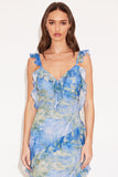 Light Blue Printed V Neck Ruffled Tiered Maxi Wedding Guest Dress