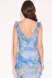 Light Blue Printed V Neck Ruffled Tiered Maxi Wedding Guest Dress