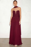 Burgundy A Line Strapless Maxi Wedding Guest Dress with Neck Scarf