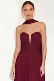 Burgundy A Line Strapless Maxi Wedding Guest Dress with Neck Scarf