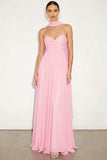 Candy Pink A Line Sweetheart Pleated Maxi Wedding Guest Dress with Neck Scarf