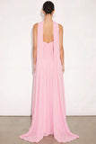 Candy Pink A Line Sweetheart Pleated Maxi Wedding Guest Dress with Neck Scarf